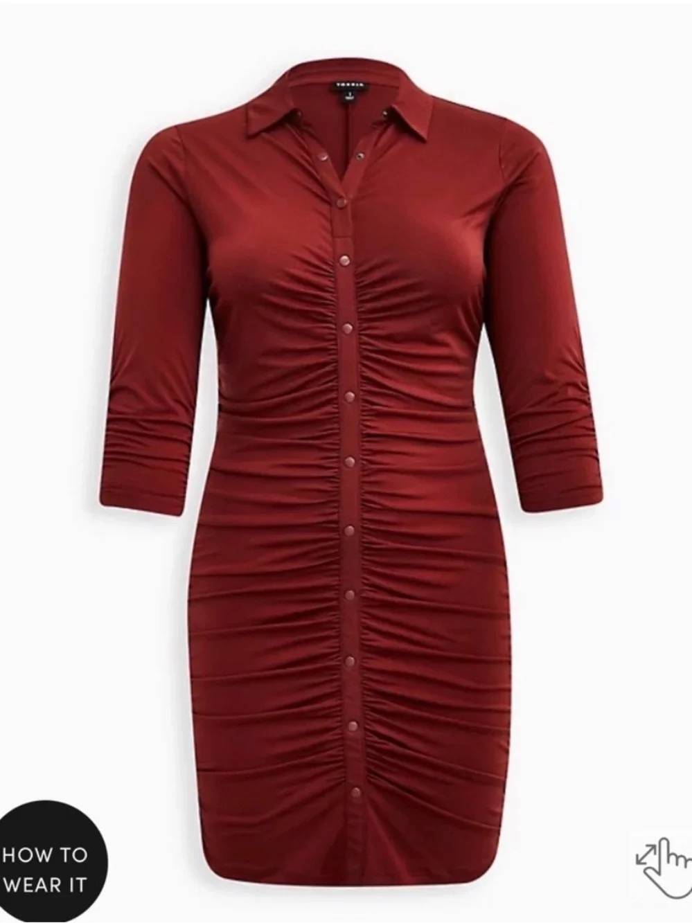 Torrid Ruched Button-Front Dress in Brick Red - Picture 2 of 5